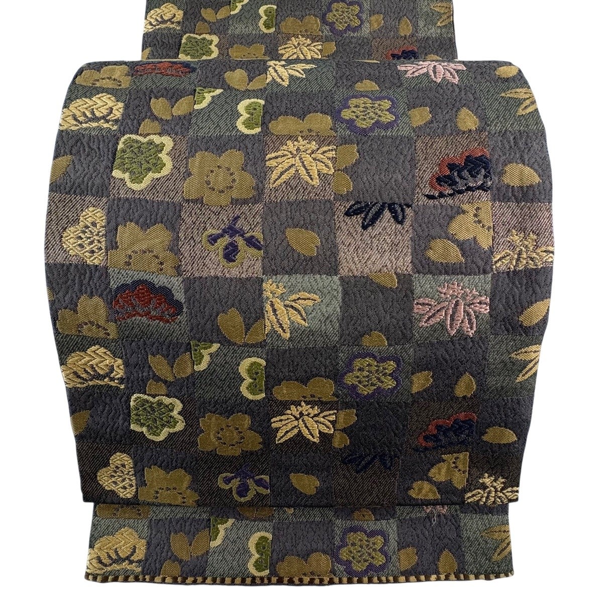 美品】 袋帯 秀品 関西仕立て 松竹梅 市松 箔 唐織 焦茶色 六通 正絹 美品】 袋帯 秀品 関西仕立て 松竹梅 市松 箔 唐織 焦茶色 六通 正絹