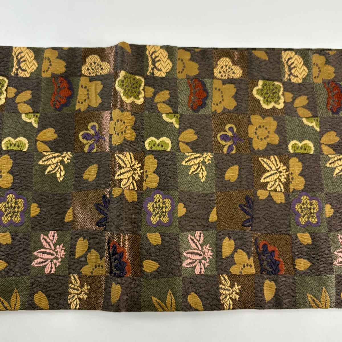 美品】 袋帯 秀品 関西仕立て 松竹梅 市松 箔 唐織 焦茶色 六通 正絹