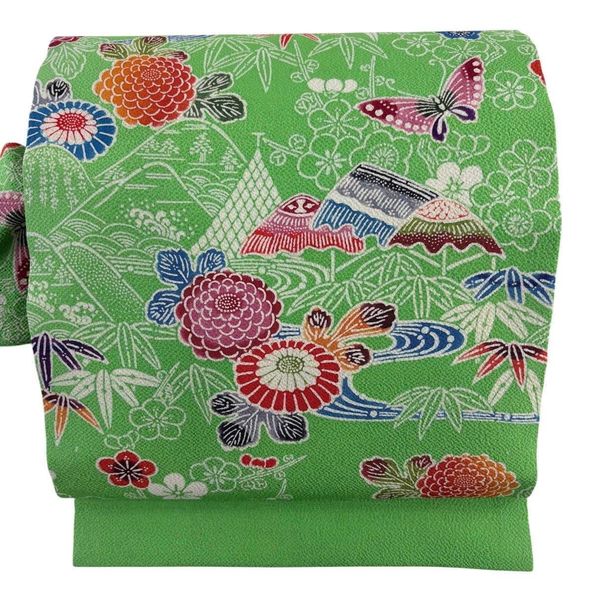 m347 縮緬 蝶 花 雪輪 袋帯 正絹 美品】 名古屋帯 秀品 菊 蝶 縮緬 緑 正絹｜中古・古着・リサイクル
