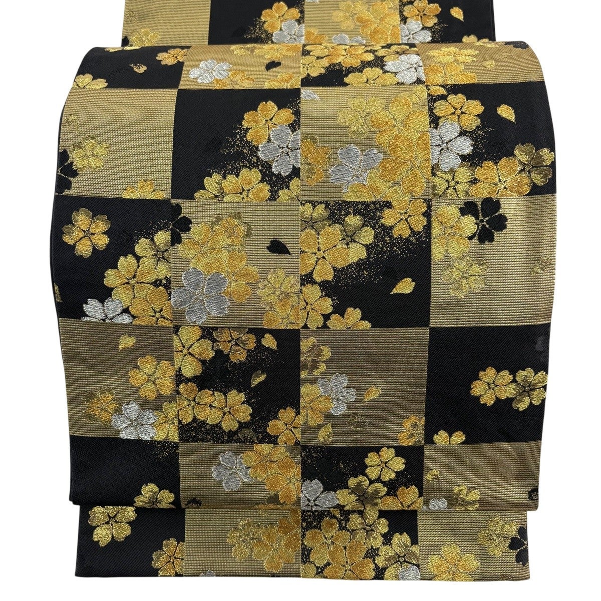美品】 袋帯 秀品 桂由美 落款あり 市松 花 金銀糸 箔 金色 六通 正絹