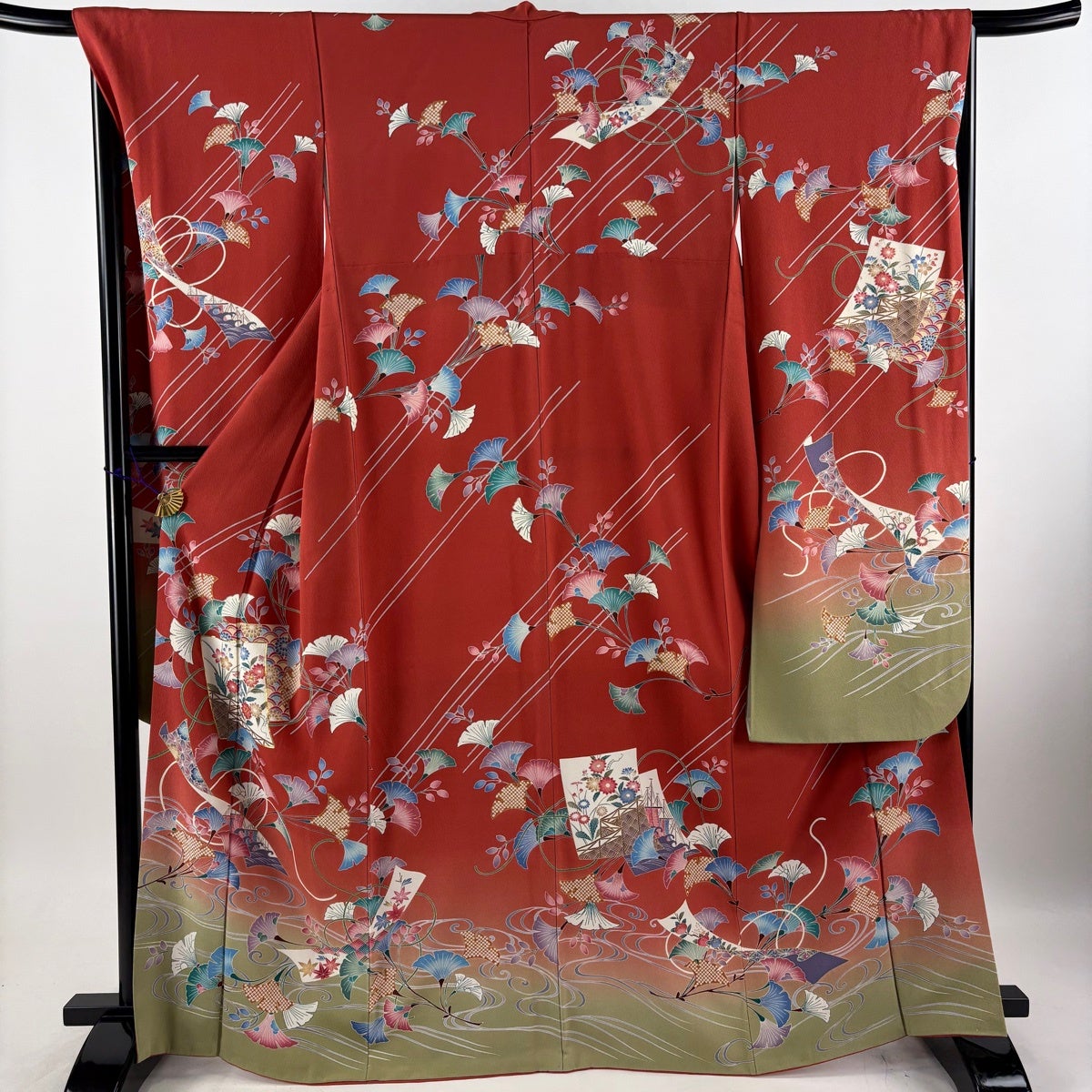 美品】 振袖 身丈167cm 裄丈68cm L 袷 袋帯フルセット 色紙 草花 金糸