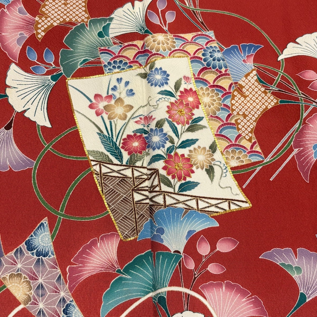 美品】 振袖 身丈167cm 裄丈68cm L 袷 袋帯フルセット 色紙 草花 金糸