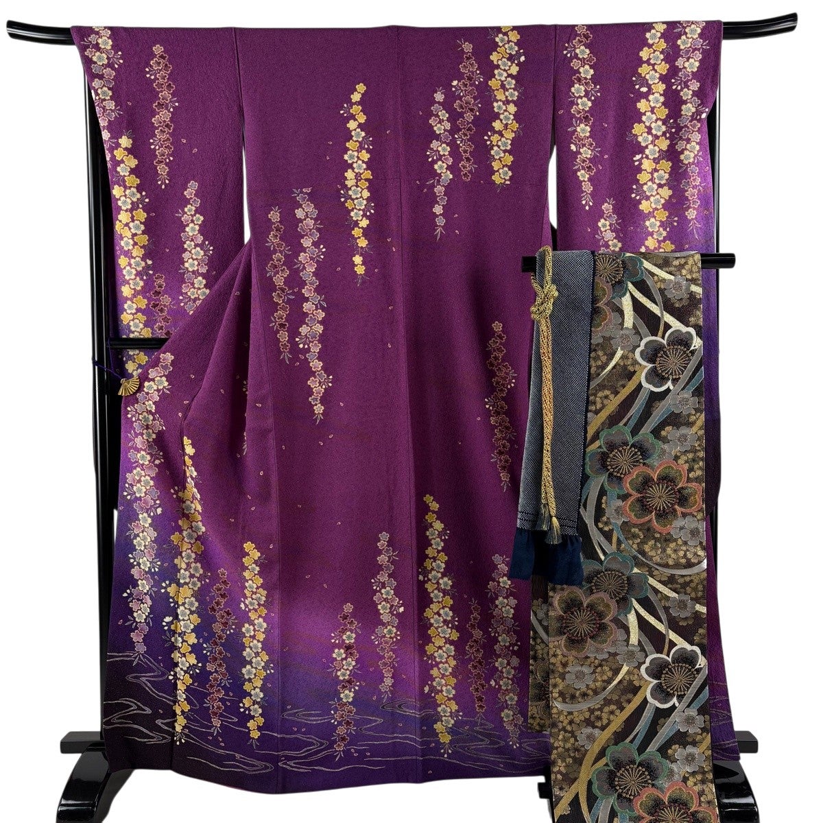 美品】 振袖 身丈166cm 裄丈68cm L 袷 袋帯フルセット 桜 流水 金通し