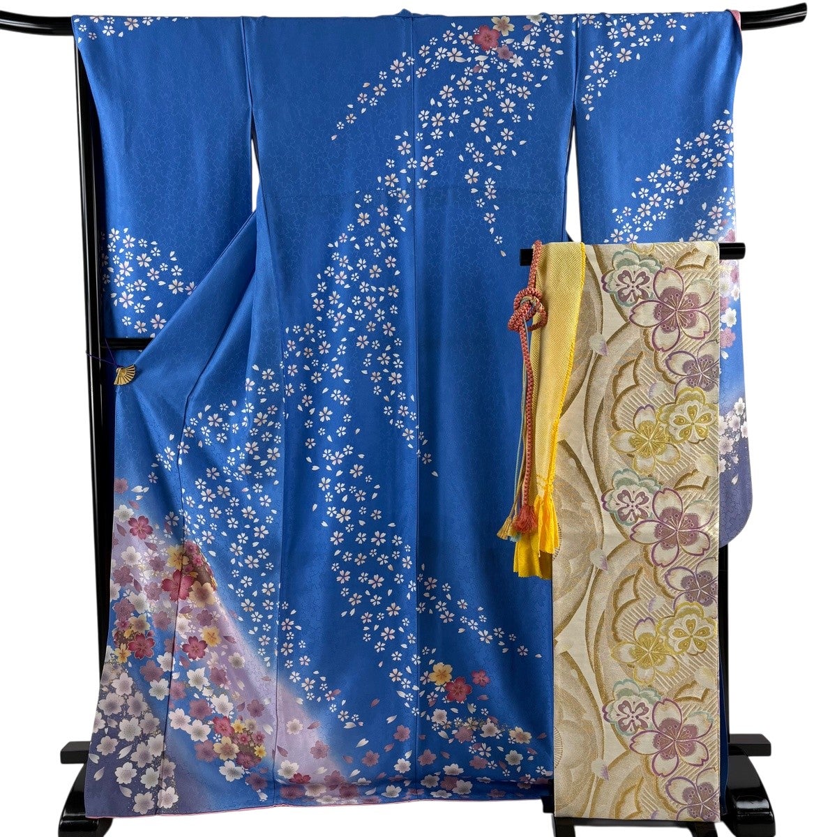 振袖 身丈173cm 裄丈70cm L 袷 袋帯フルセット 花丸文 桜 箔 金彩 青