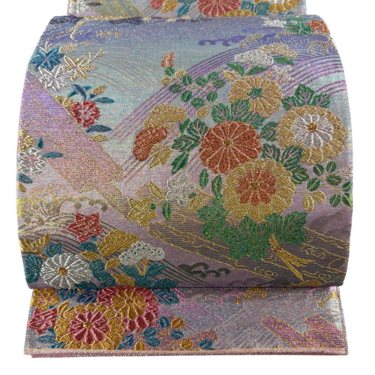 袋帯 作家物 落款有り 綴れ織 綴れ 金銀糸 ピンクゴールド 中古 kp2350 美品】 袋帯 逸品 佐波理 落款あり 綴れ 草花筏文様 金銀糸 箔 薄紫 六
