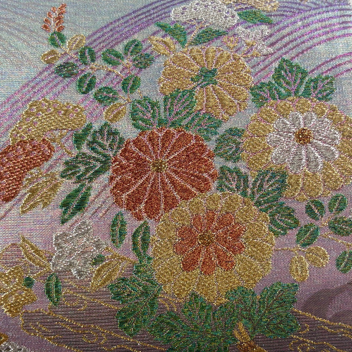 美品】 袋帯 逸品 佐波理 落款あり 綴れ 草花筏文様 金銀糸 箔 薄紫 六