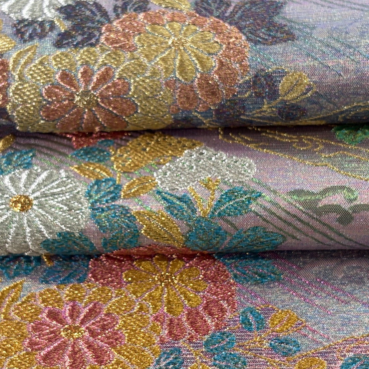 美品】 袋帯 逸品 佐波理 落款あり 綴れ 草花筏文様 金銀糸 箔 薄紫 六