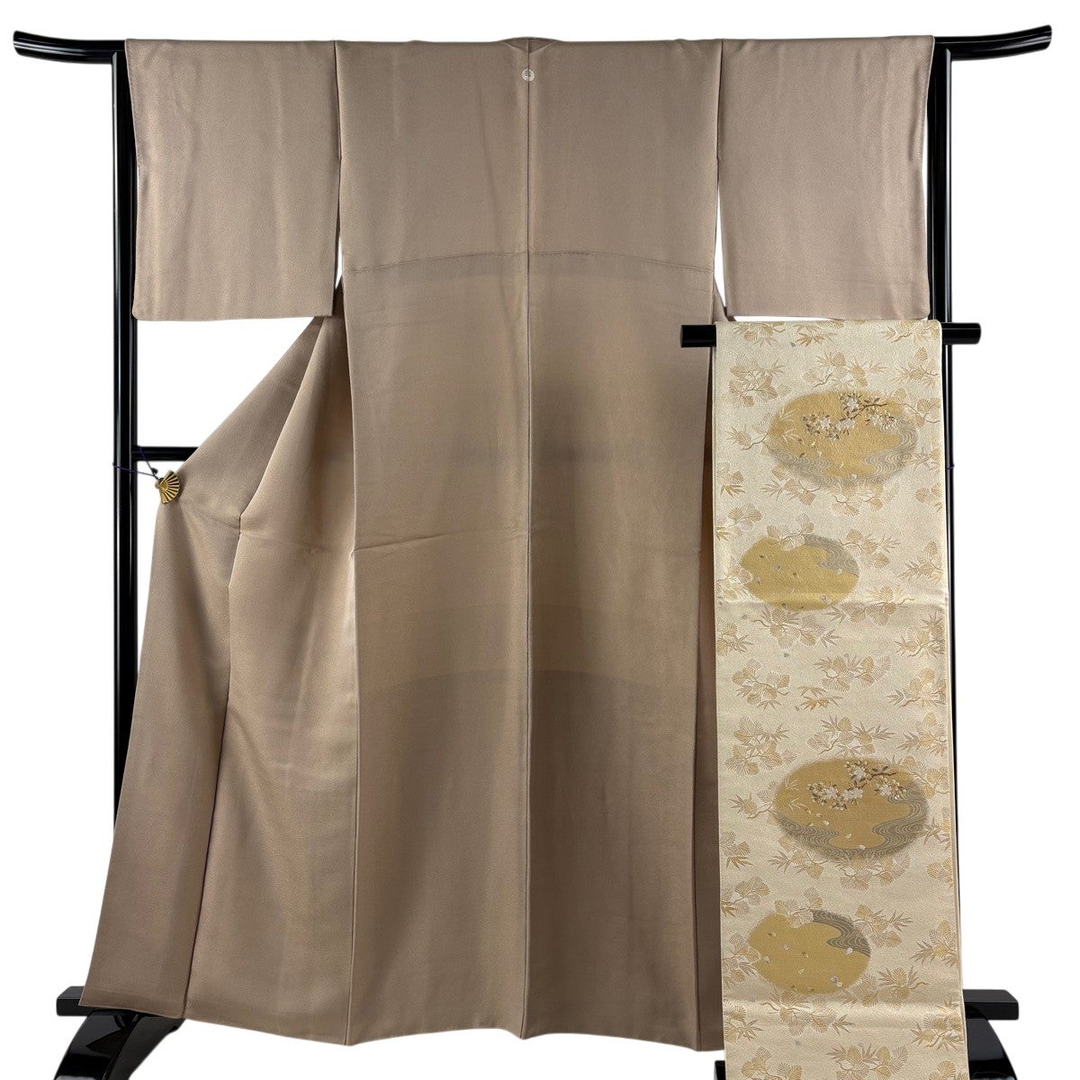 色無地 身丈161cm 裄丈65cm M 袷 袋帯セット 金通し 薄茶色 正絹 秀品