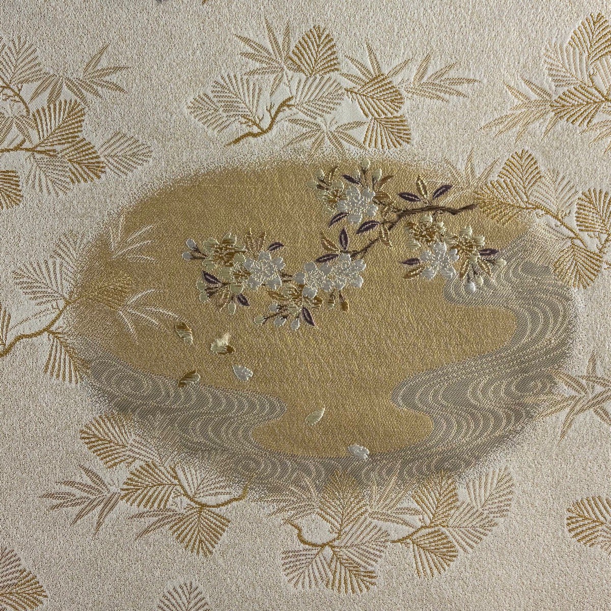色無地 身丈161cm 裄丈65cm M 袷 袋帯セット 金通し 薄茶色 正絹 秀品