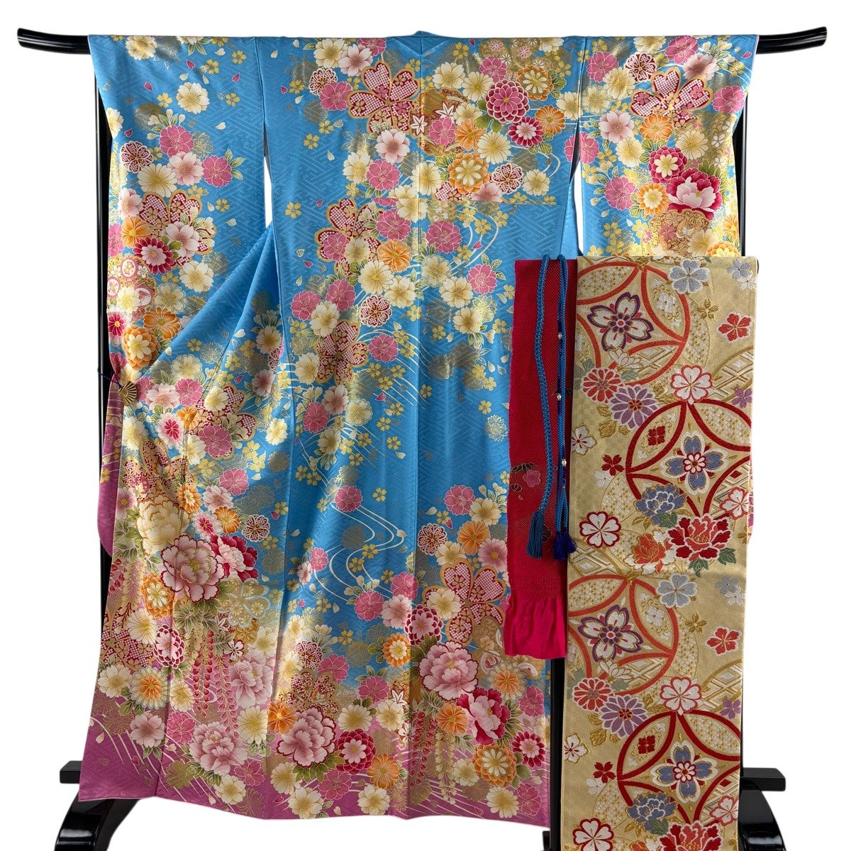 美品】 振袖 身丈165cm 裄丈67cm M 袷 袋帯フルセット 牡丹 桜 金糸