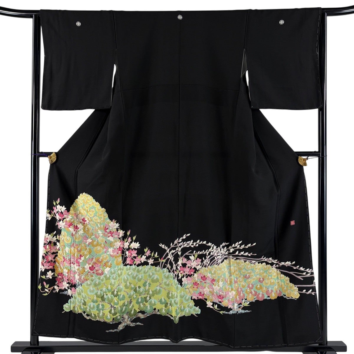 黒留袖 身丈162cm 裄丈64.5cm M 袷 落款あり 鴛鴦 笠松 金糸 金彩 黒