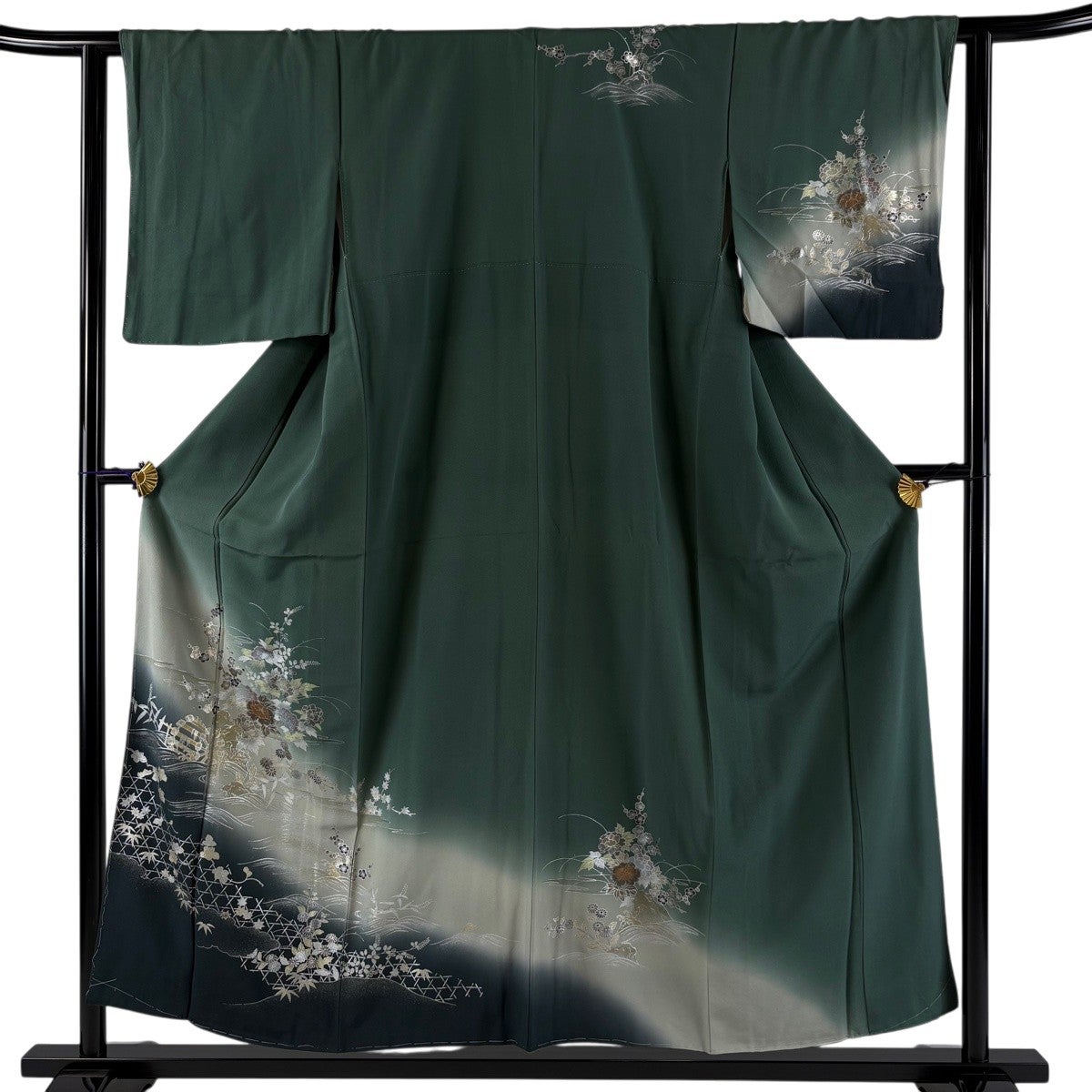 訪問着 身丈156cm 裄丈62.5cm S 袷 桜 椿 金彩 薄緑 正絹 秀品｜中古