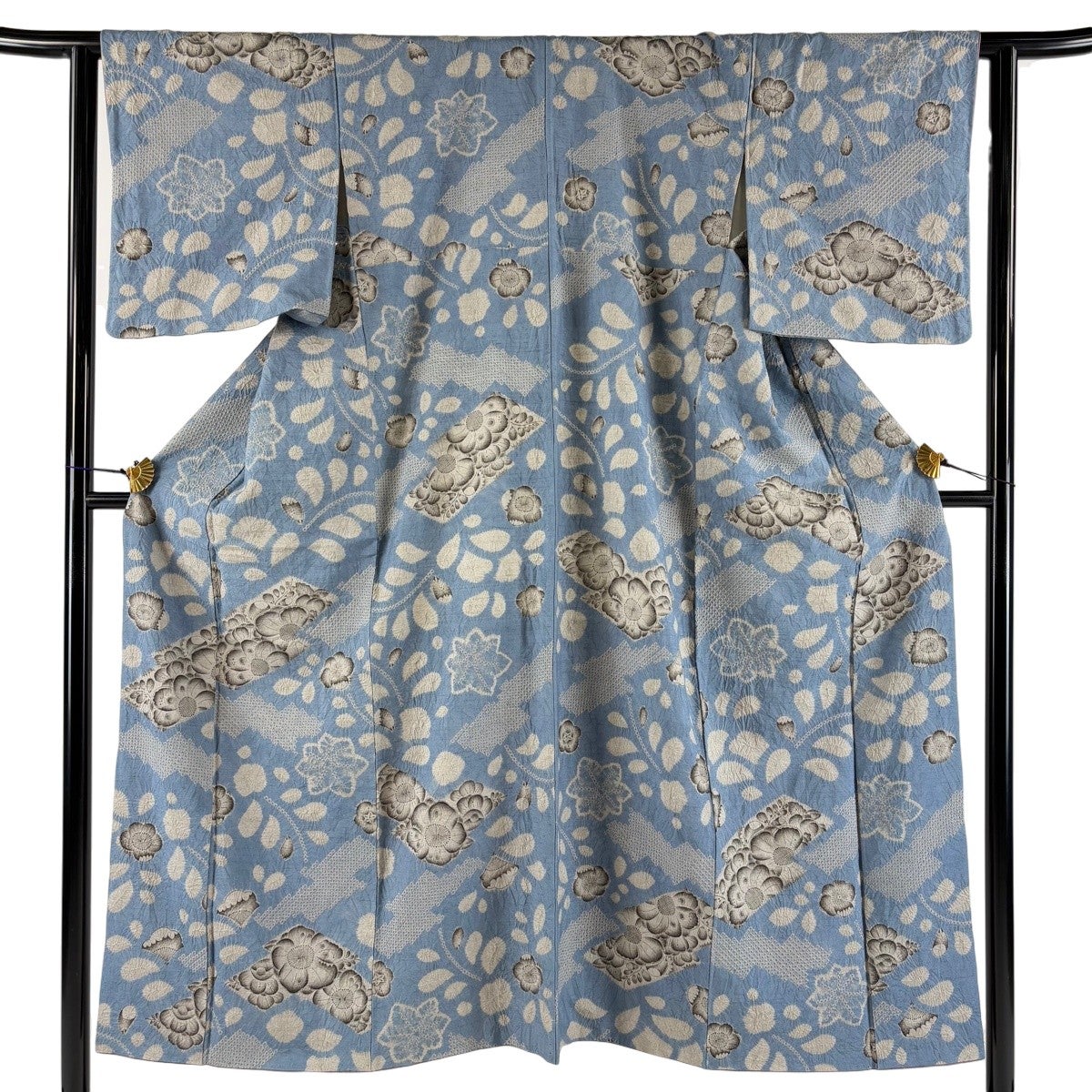 小紋 身丈164cm 裄丈68.5cm L 袷 草花 露芝 水色 正絹 秀品｜中古