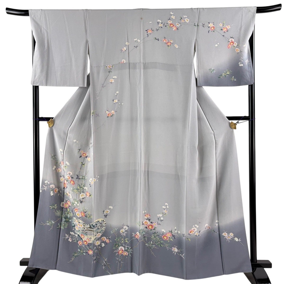 訪問着 身丈162cm 裄丈67.5cm L 袷 枝花 建物 染め分け ぼかし 灰色