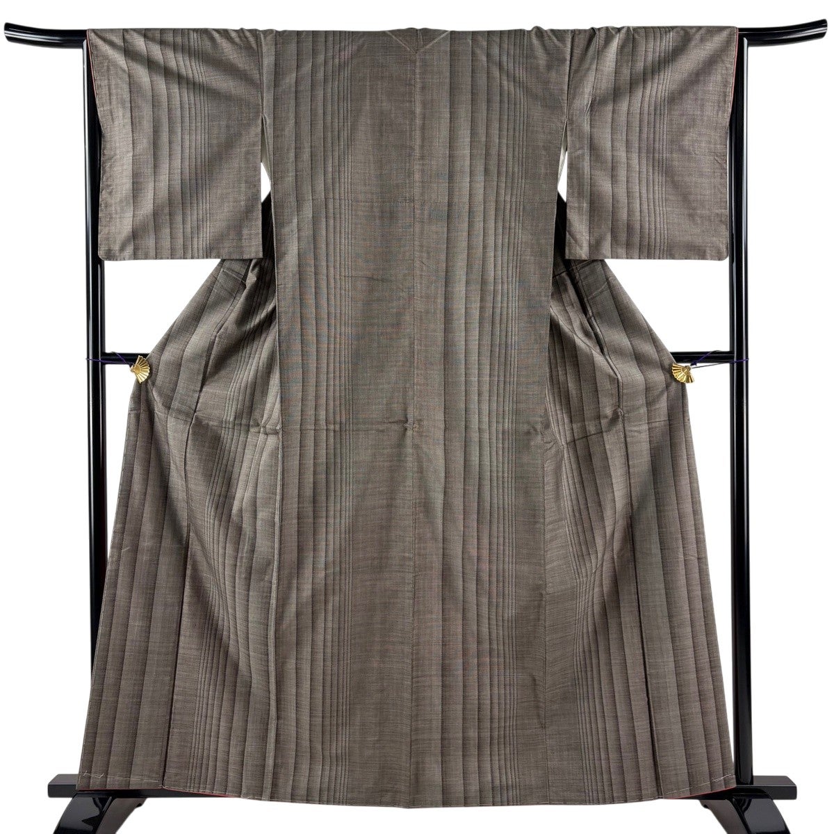 美品】 紬 身丈164cm 裄丈65cm M 袷 草花 縦縞 焦茶色 正絹 秀品｜中古