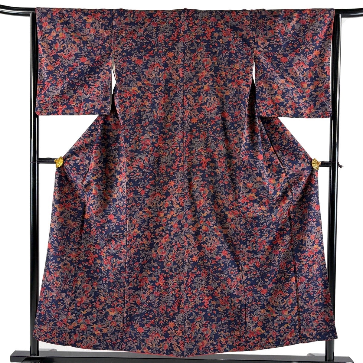 小紋 身丈157cm 裄丈66.5cm M 袷 葵 墨色 正絹 秀品｜中古・古着