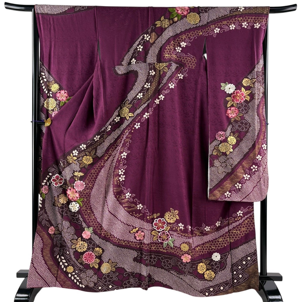 振袖 身丈162cm 裄丈67.5cm L 袷 大和貝紫 草花 金糸 刺繍 薄紫 正絹