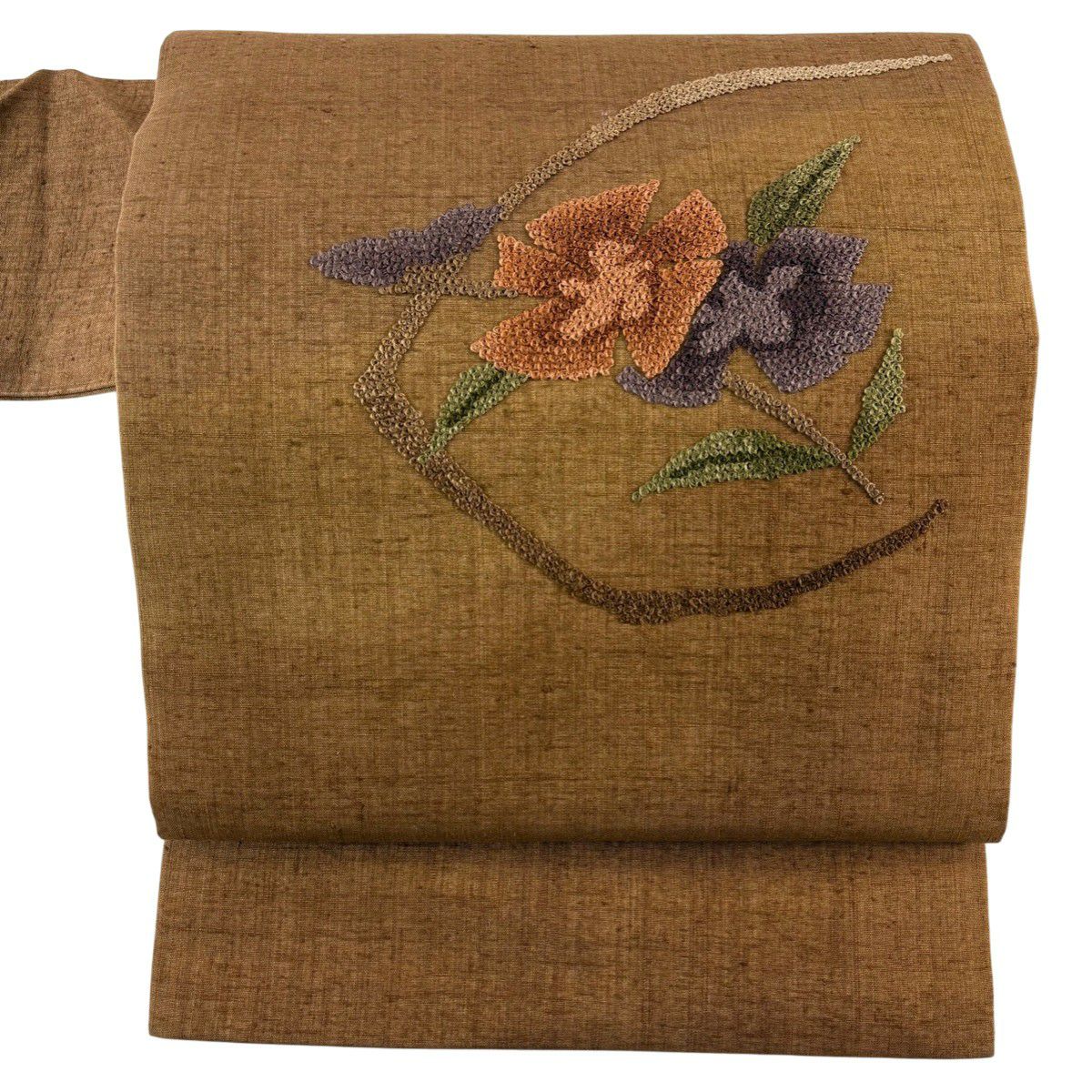 名古屋帯 秀品 関西仕立て 草花 相良刺繍 茶色 正絹｜中古・古着
