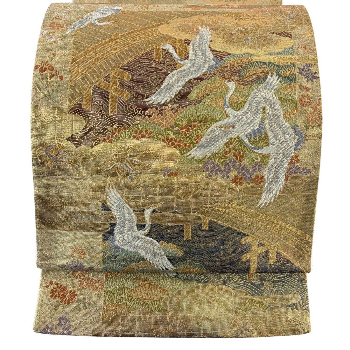 美品】 袋帯 秀品 松竹梅 鶴 金糸 箔 紫 お太鼓柄 正絹｜中古・古着