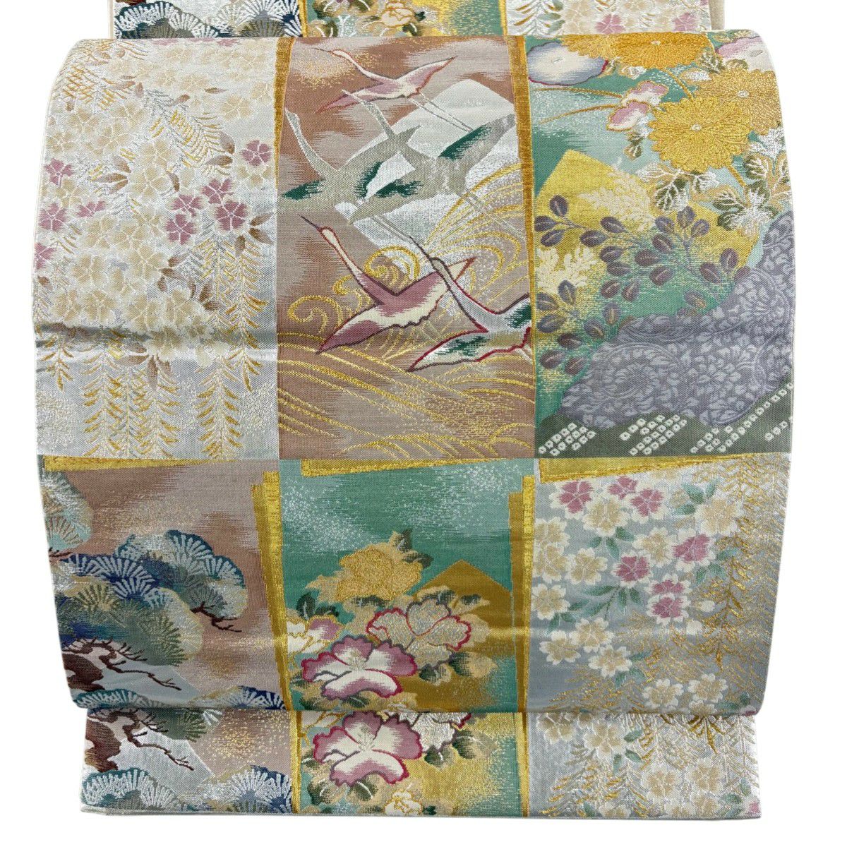 【競ナビ】袋帯 美品 秀品 関西仕立て 鳥 草花 金糸 茶色 六通 正絹 【中古】 袋帯 六通 草花 クリーム 花鳥欄間文 金彩