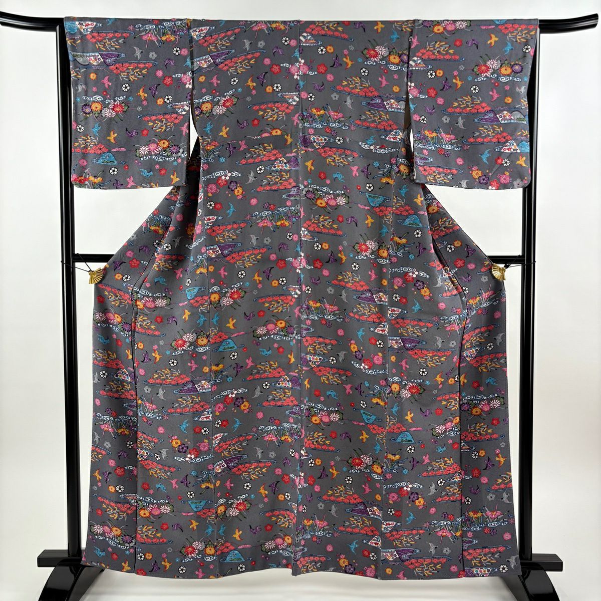 美品】 小紋 身丈162.5cm 裄丈65.5cm M 袷 格子柄 えんじ色 正絹 秀品