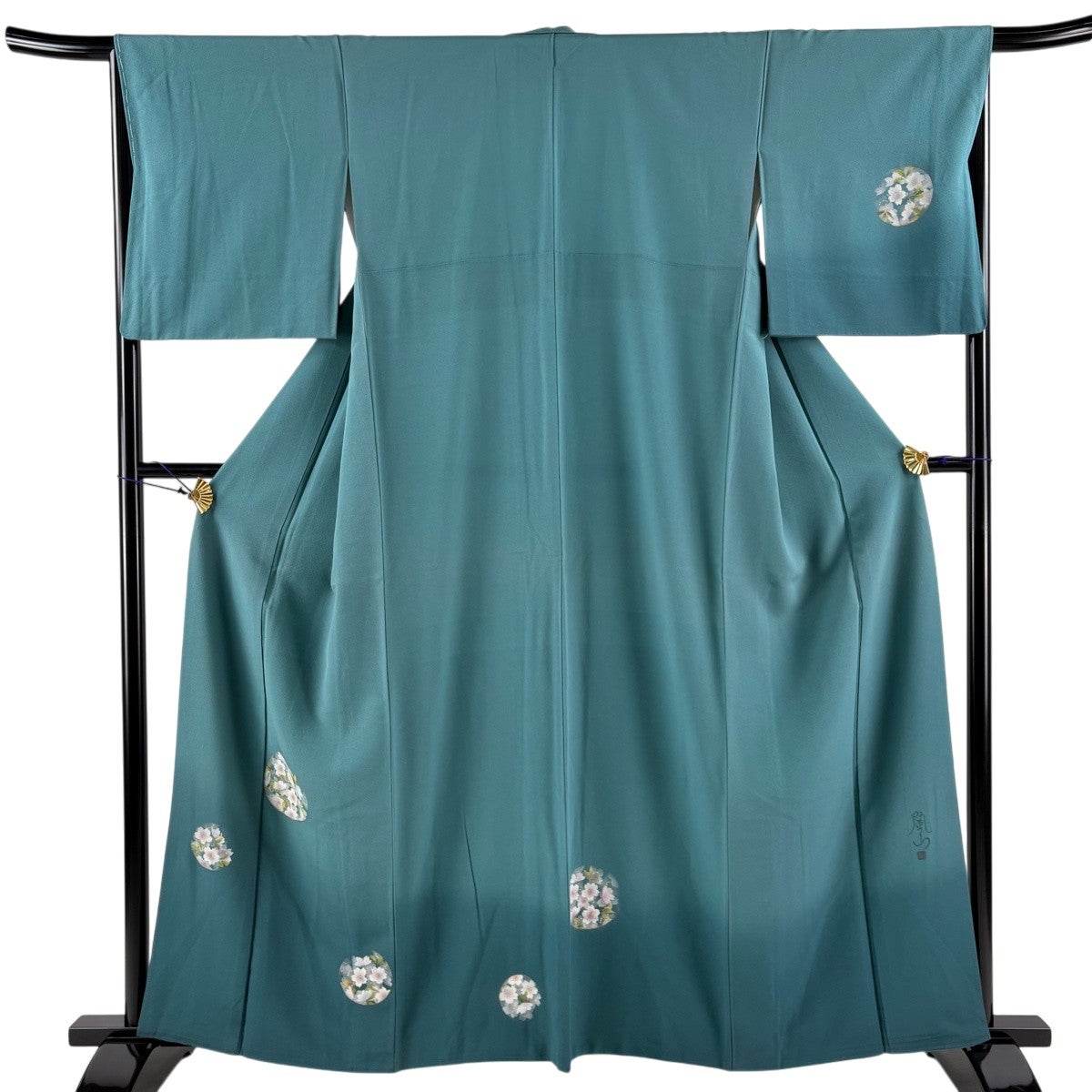 付下げ 身丈165cm 裄丈67cm M 袷 菊 梅 青緑 正絹 秀品｜中古・古着