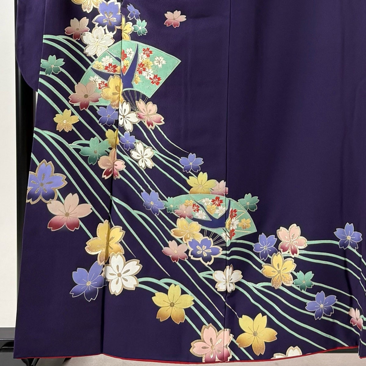 振袖 身丈159.5cm 裄丈68.5cm L 袷 桜 扇 金彩 紫 正絹 秀品|中古 振袖 身丈159.5cm 裄丈68.5cm L 袷 桜 扇 金彩 紫 正絹 秀品|中古