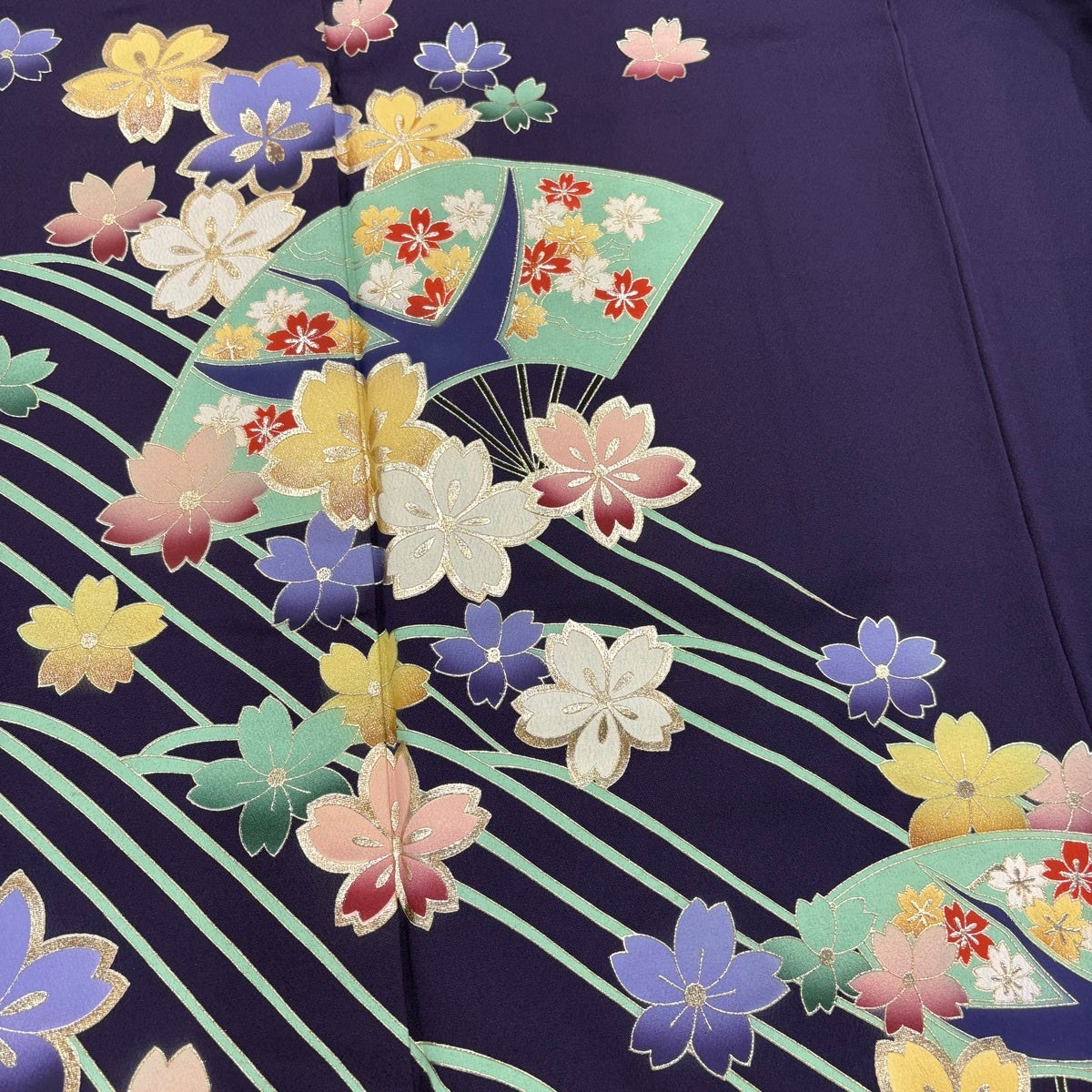 振袖 身丈159.5cm 裄丈68.5cm L 袷 桜 扇 金彩 紫 正絹 秀品｜中古