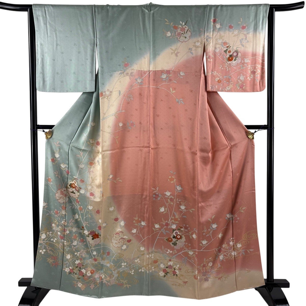 訪問着 身丈162cm 裄丈65cm M 袷 菊 枝梅 金彩 染め分け オレンジ 正絹