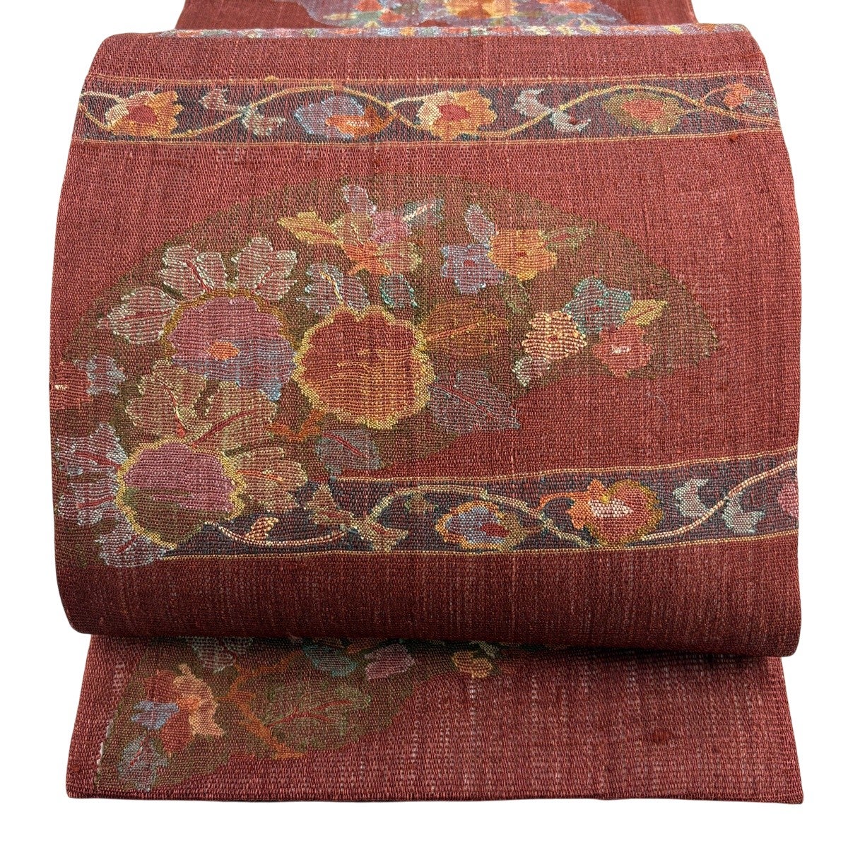 美品】 袋帯 秀品 草花 金糸 刺繍 えんじ色 お太鼓柄 正絹｜中古・古着