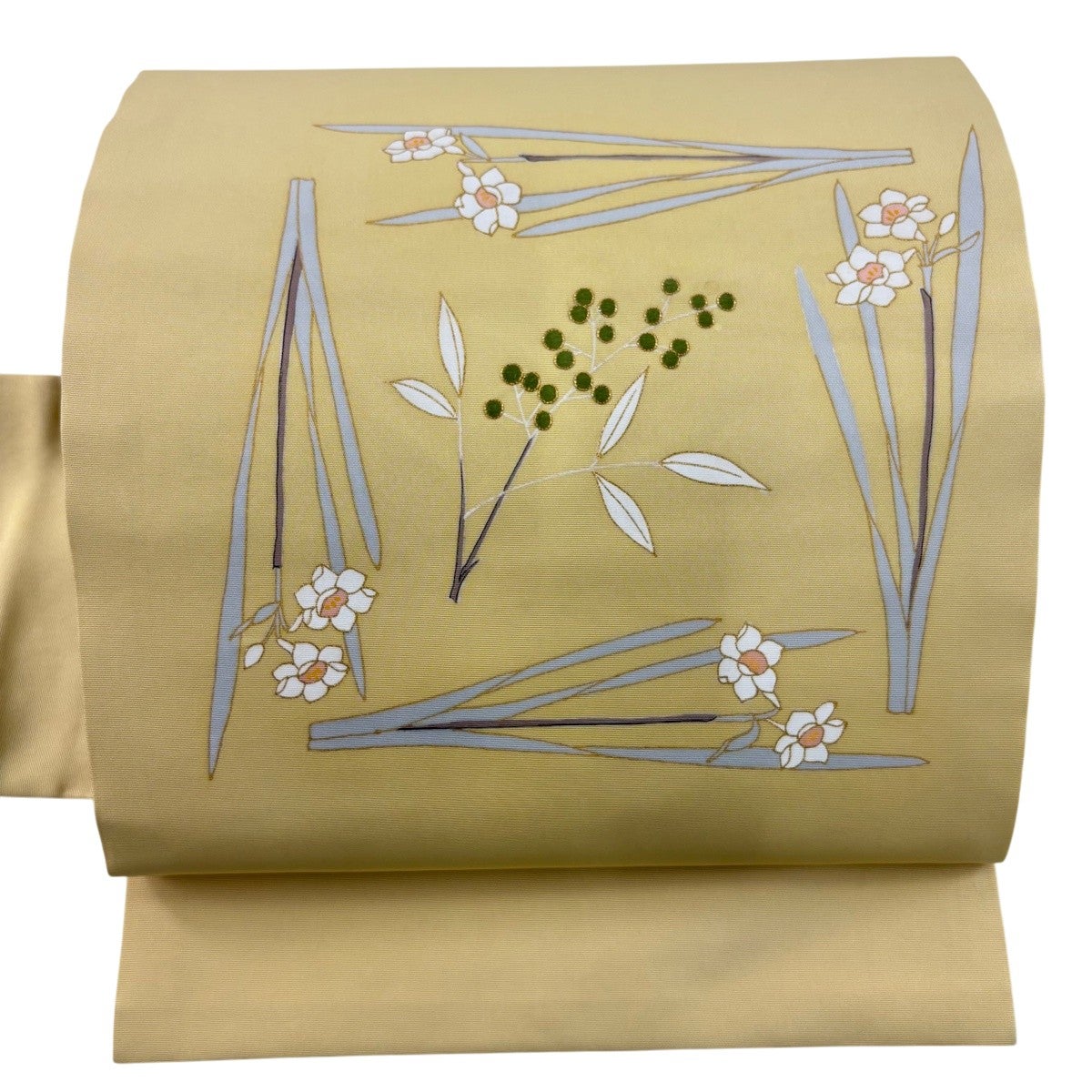 名古屋帯 秀品 葉と実 草花 金糸 刺繍 薄黄 正絹｜中古・古着