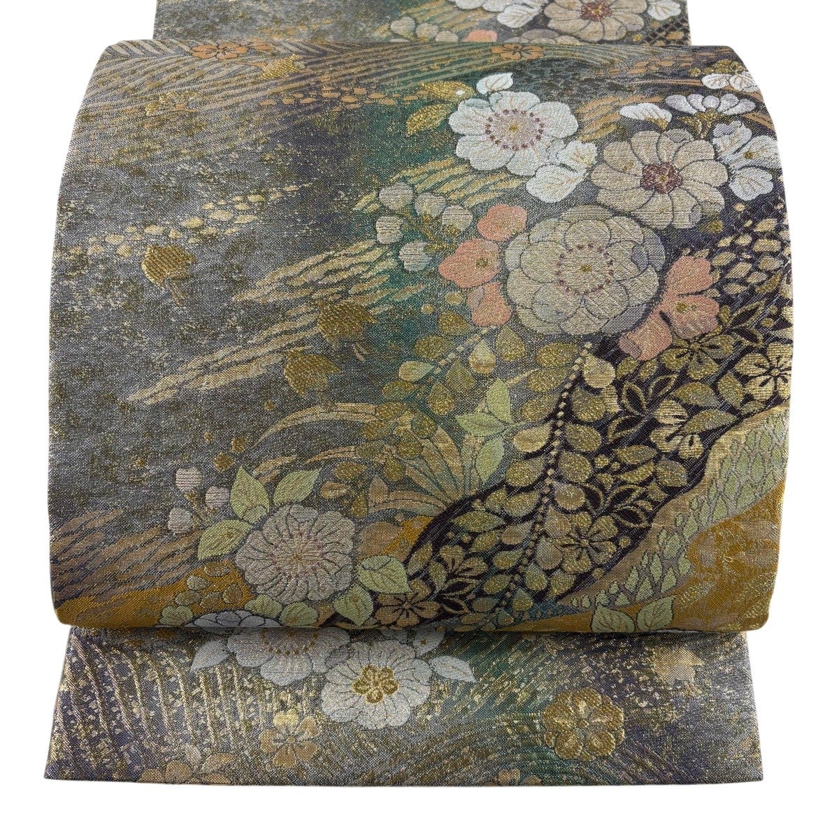 美品】 袋帯 名品 鳳凰 花唐草 金糸 箔 灰紫 六通 正絹｜中古・古着