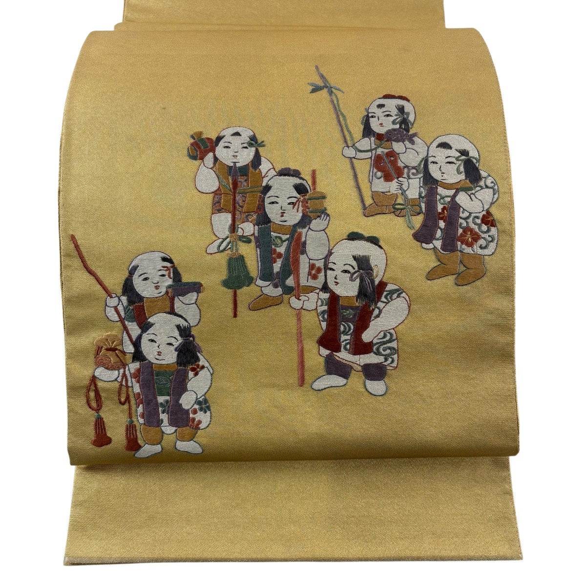 袋帯 名品 唐子 刺繍 金糸 金色 お太鼓柄 正絹｜中古・古着