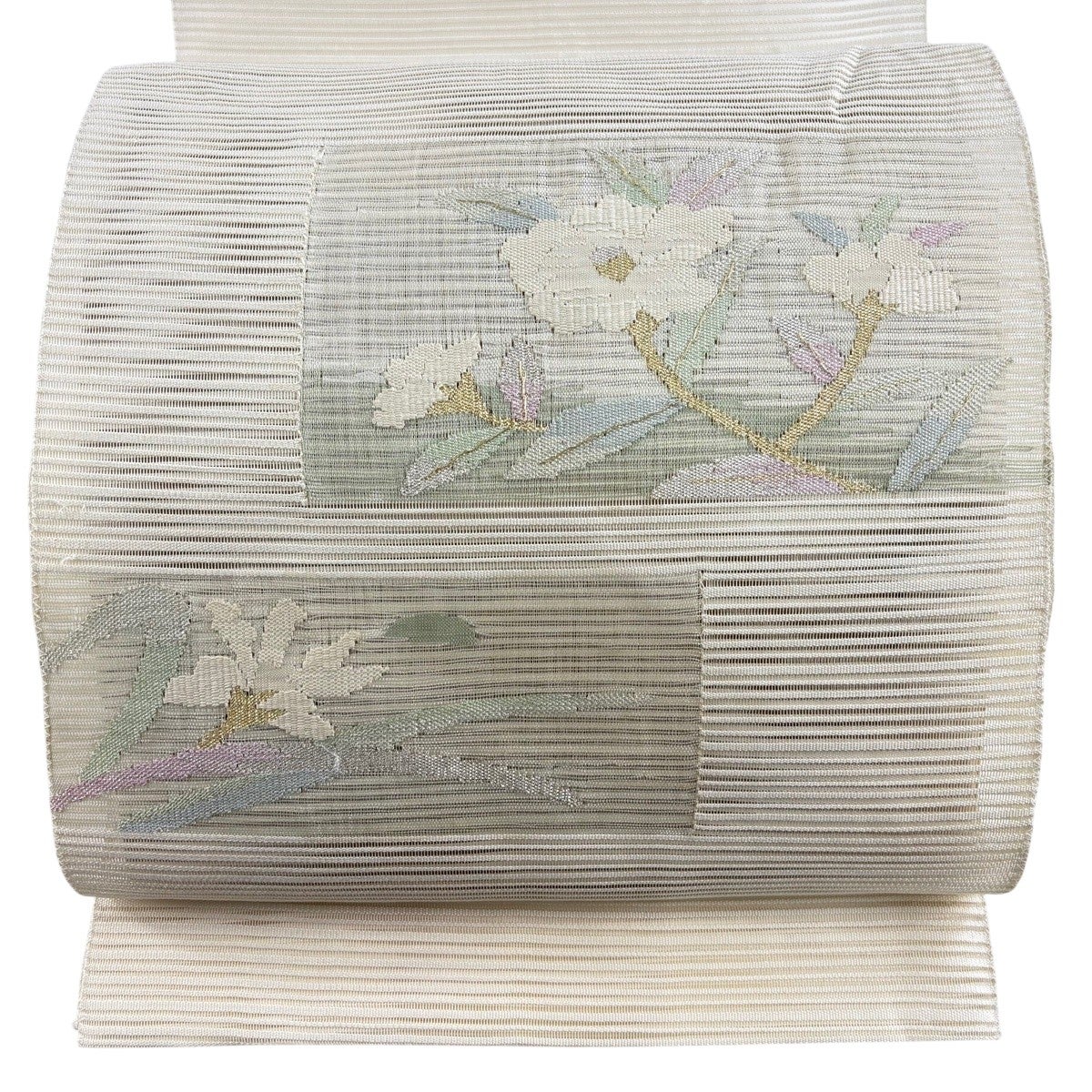 名古屋帯 秀品 夏帯 絽 八寸名古屋帯 松葉仕立て 草花 金銀糸 クリーム