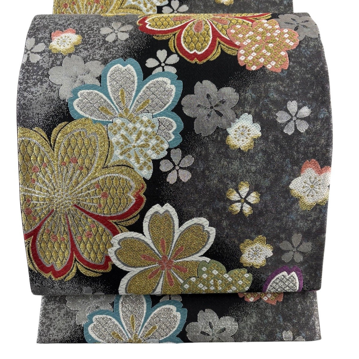 専用おまとめ　m378 雪輪 箔 散らし文 六通 袋帯 正絹 袋帯 秀品 桜 雪輪 金銀糸 箔 銀色 六通 正絹｜中古・古着・リサイクル