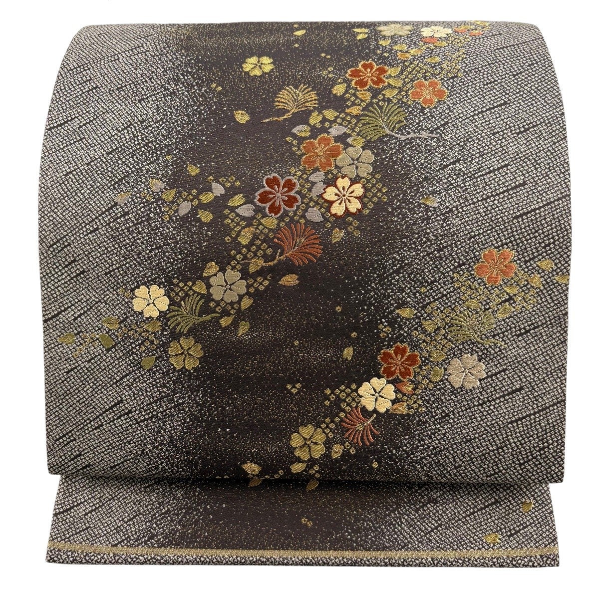 美品】 袋帯 秀品 関西仕立て 小花 霞 金糸 箔 黒 六通 正絹｜中古