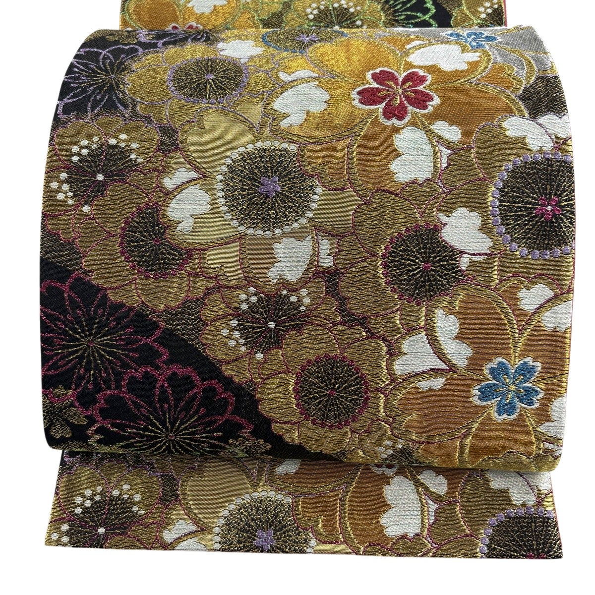 袋帯 秀品 振袖向き 鈴乃屋 桜 華文 金銀糸 箔 白 六通 正絹｜中古