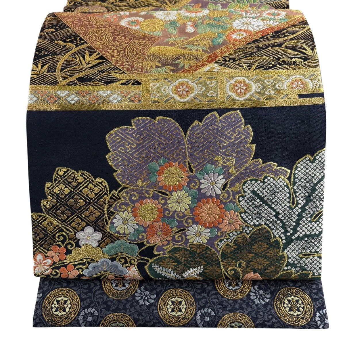 袋帯 逸品 波 金糸 箔 青灰色 お太鼓柄 正絹｜中古・古着・リサイクル