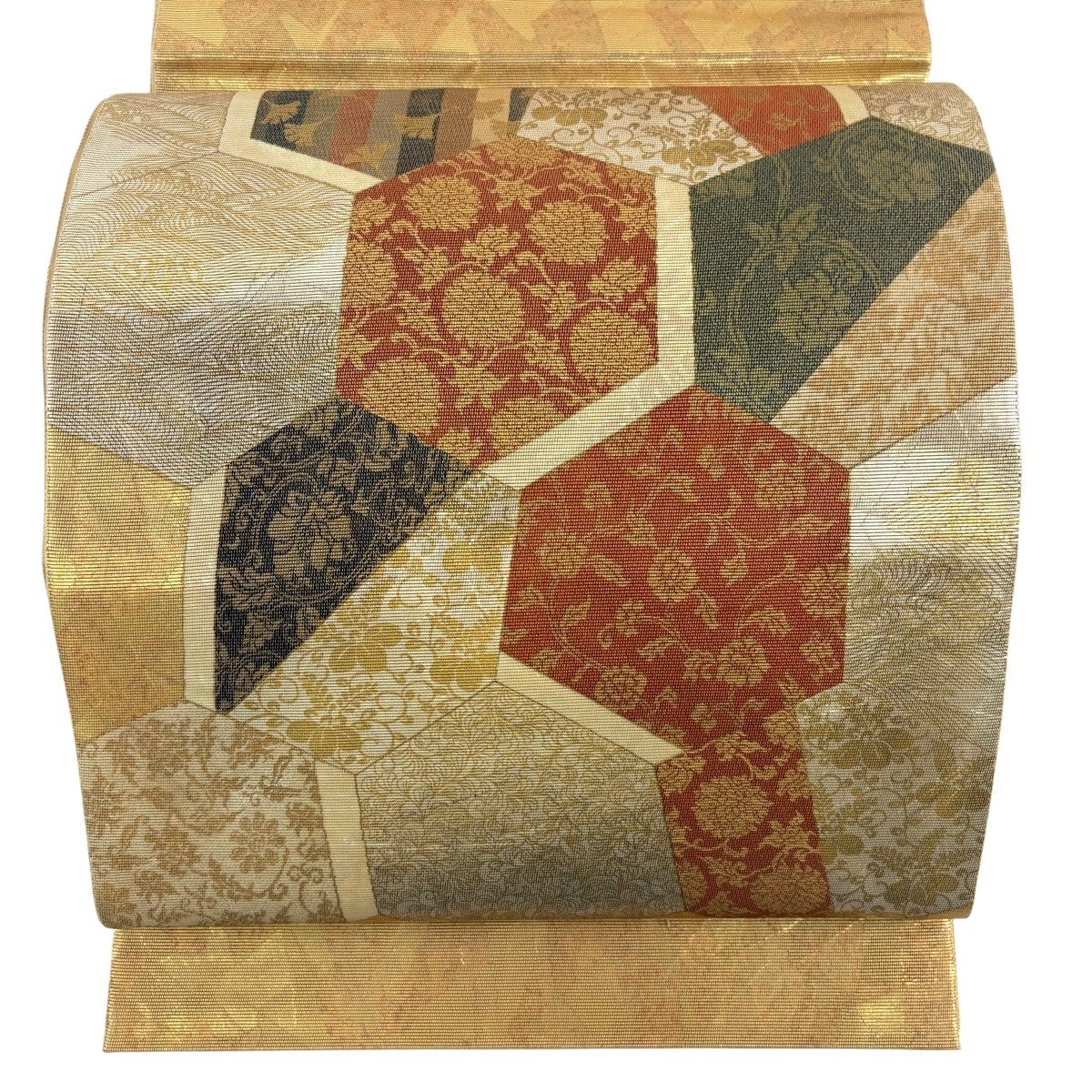 美品】 袋帯 秀品 落款あり 人物 草花 箔 螺鈿 金色 お太鼓柄 正絹