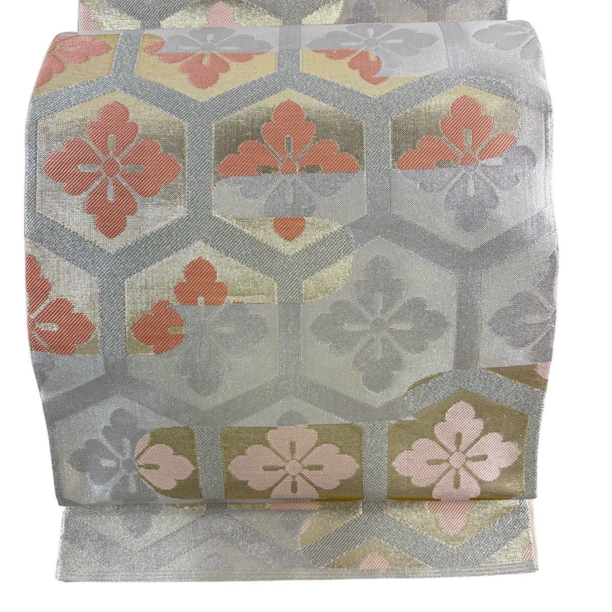 美品】 袋帯 秀品 川島織物 落款あり 関西仕立て 亀甲 花菱 銀糸 箔