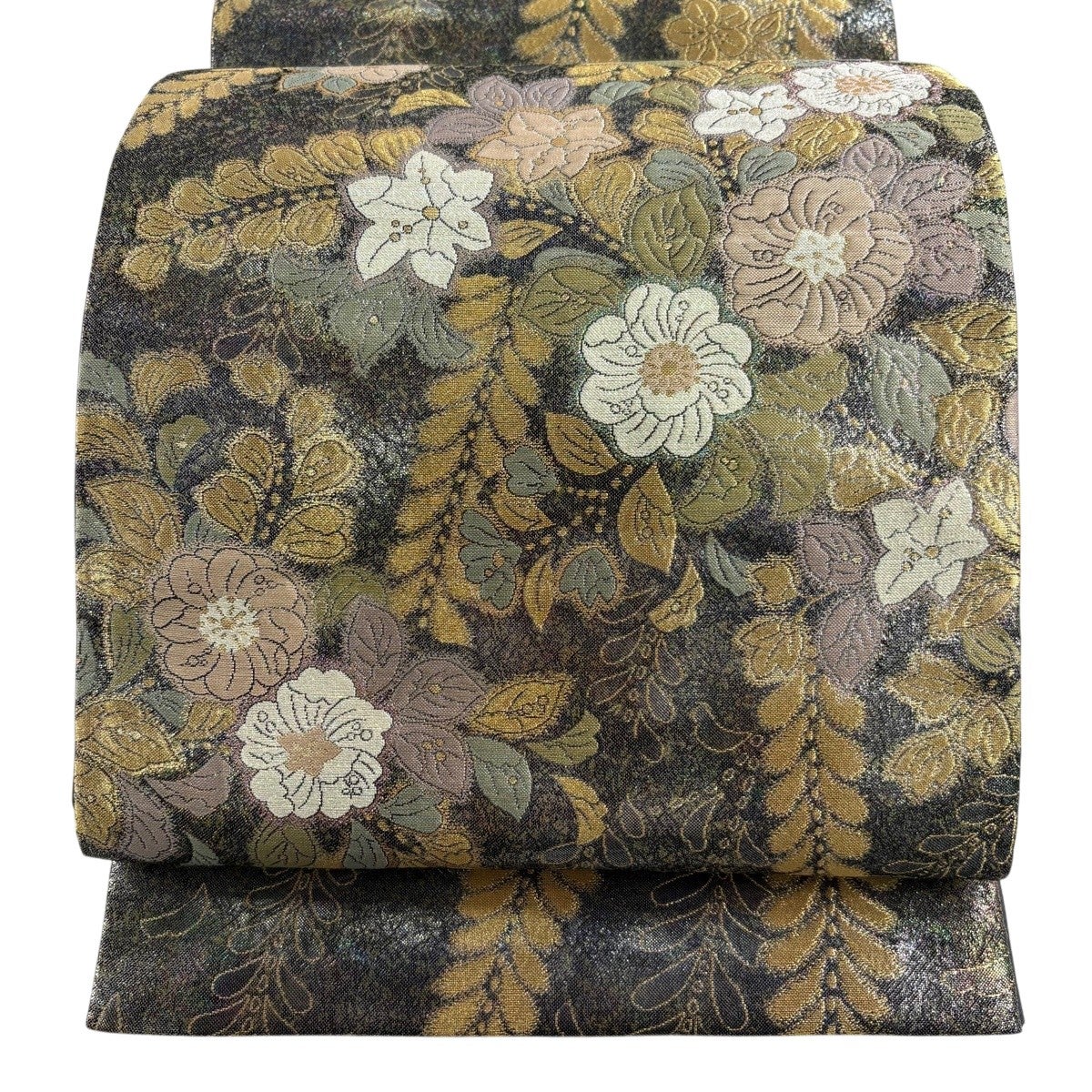 袋帯 名品 桜 花びら 箔 螺鈿 墨色 お太鼓柄 正絹｜中古・古着