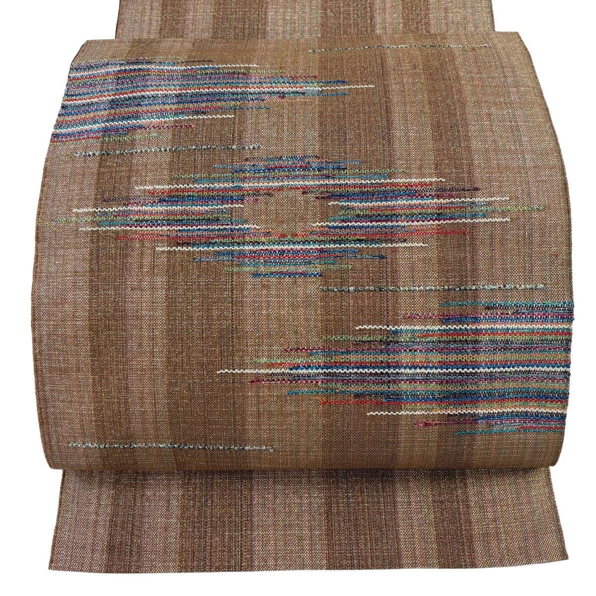 美品】 名古屋帯 秀品 八寸名古屋帯 松葉仕立て 霞 縞 金銀糸 薄茶色