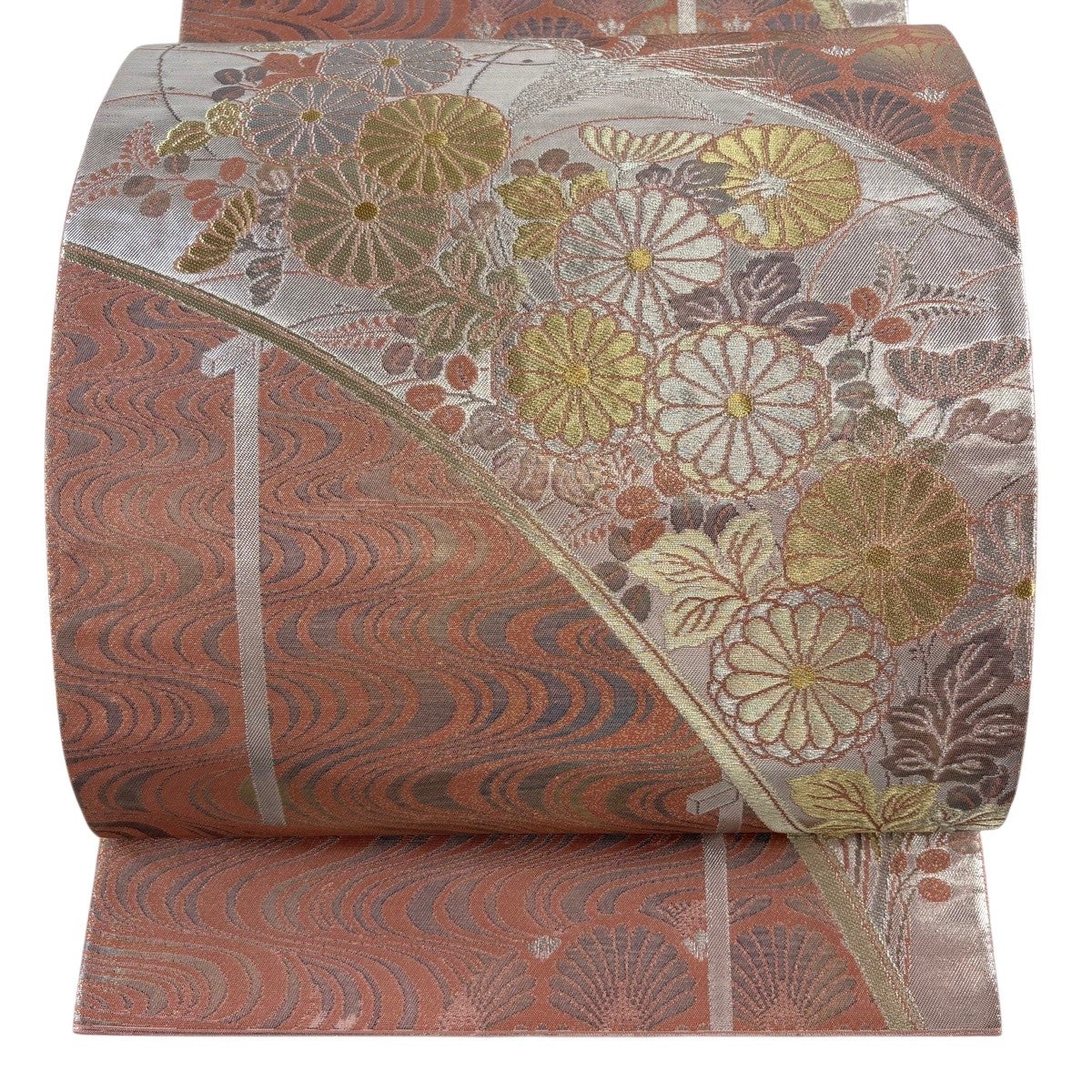 名古屋帯 秀品 関西仕立て 桜 萩 刺繍 金糸 薄茶色 正絹｜中古・古着
