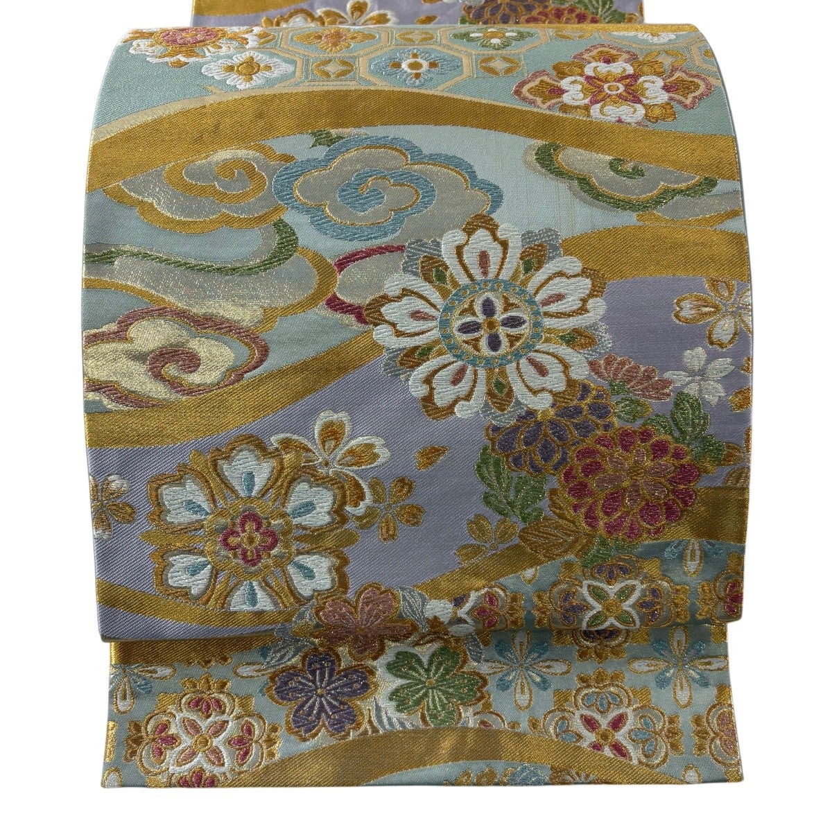 50%OFF 【美品】 袋帯 秀品 蜀江華文 草花 金銀糸 箔 水色 六通 正絹