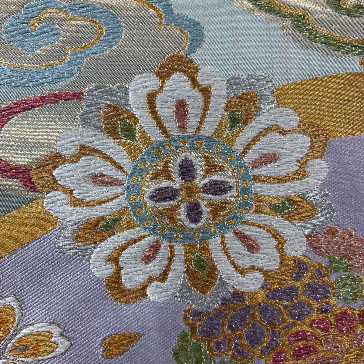 50%OFF 【美品】 袋帯 秀品 蜀江華文 草花 金銀糸 箔 水色 六通 正絹