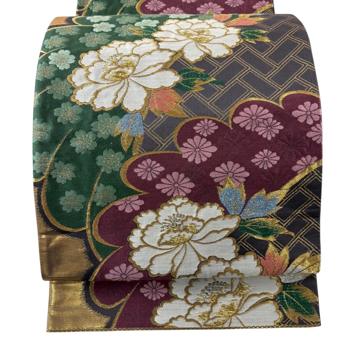★専用★美品 袋帯 深紫 金糸 箔糸 振袖向き 牡丹 蝶 長さ4ｍ24cm 正絹 美品】 袋帯 秀品 振袖向き 牡丹 蝶 箔 緑 六通 正絹｜中古・古着