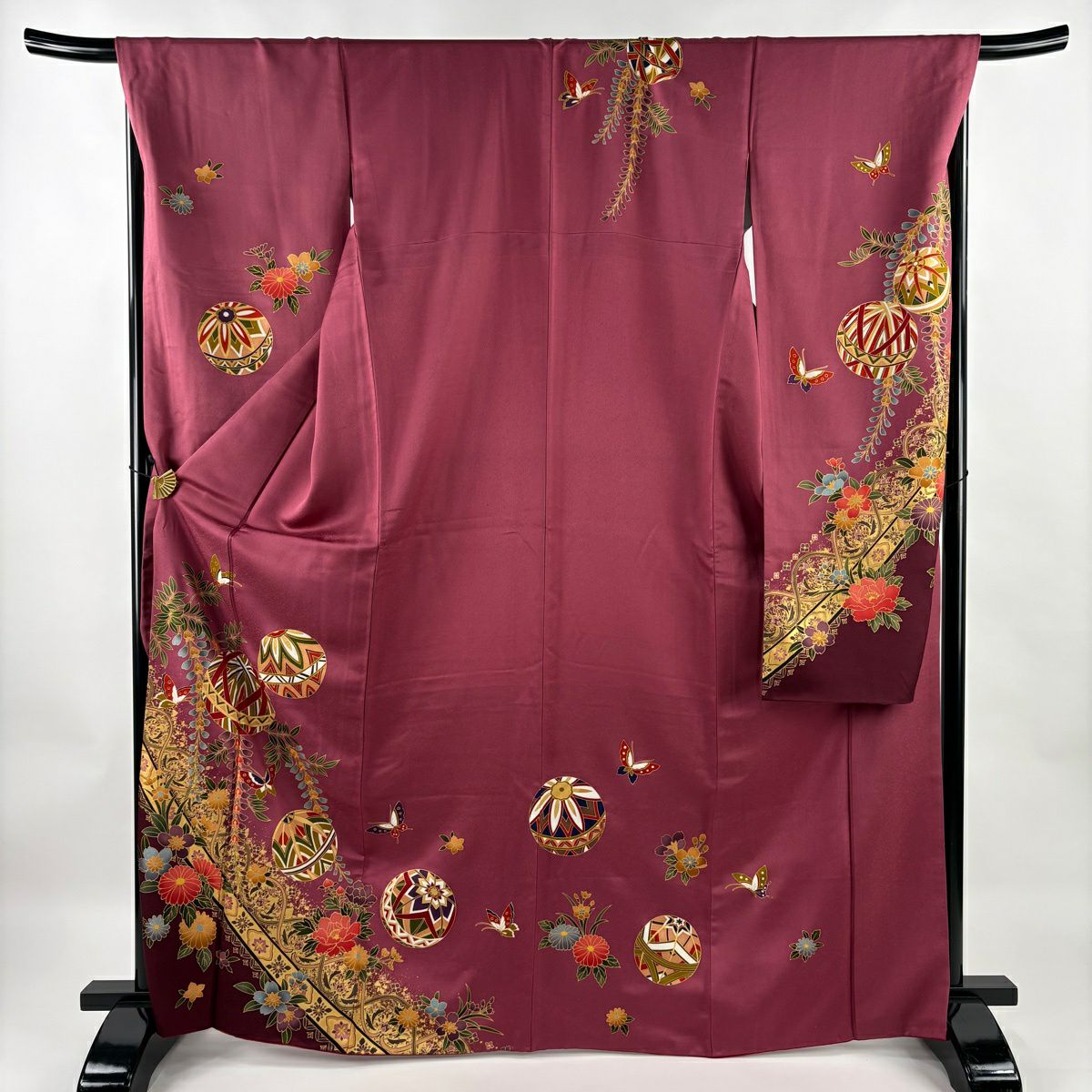 振袖 身丈168cm 裄丈69cm L 袷 鞠 桜 金彩 ぼかし 黒 正絹 秀品｜中古