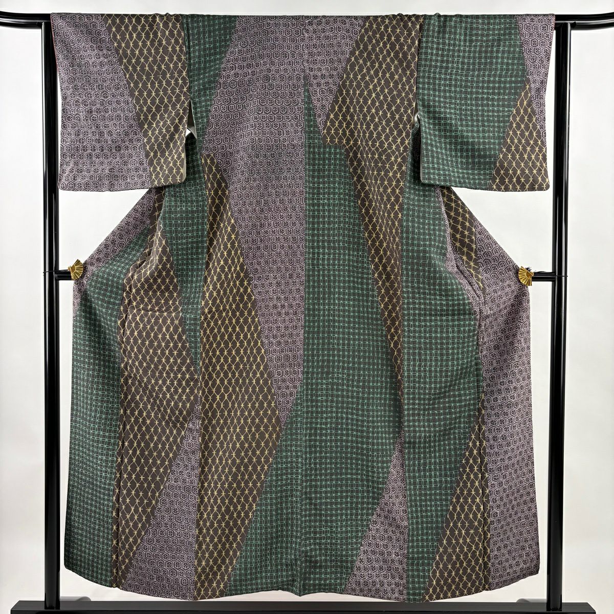 美品】 小紋 身丈158cm 裄丈65cm M 袷 幾何学 総絞り 青灰色 正絹 秀品