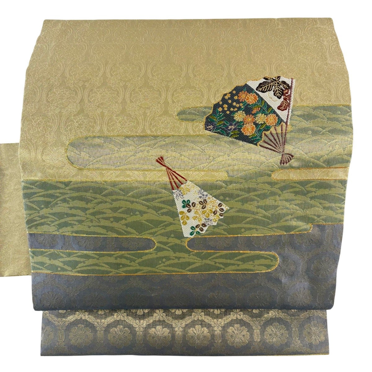 美品】 名古屋帯 秀品 関西仕立て 扇 霞 金糸 箔 金色 正絹｜中古