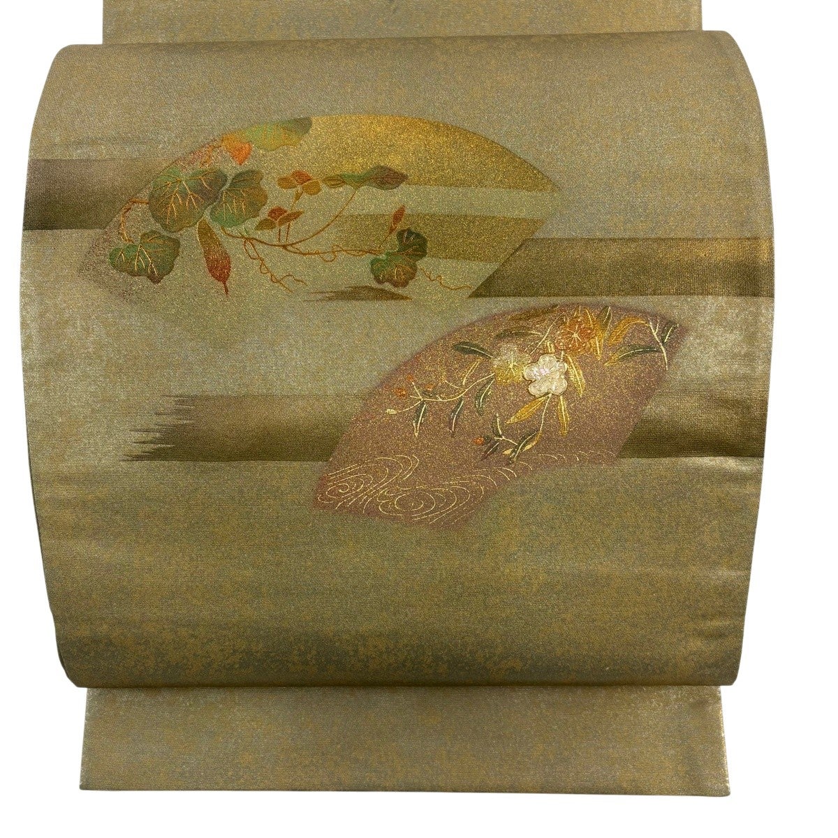 袋帯 秀品 関西仕立て 菊 流水 螺鈿 金彩 青灰色 お太鼓柄 正絹｜中古